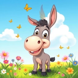 A playful and humorous cartoon-style illustration of a cute, cartoonish donkey with big expressive eyes, showing a happy and mischievous demeanor