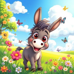 A playful and humorous cartoon-style illustration of a cute, cartoonish donkey with big expressive eyes, showing a happy and mischievous demeanor