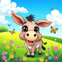 A playful and humorous cartoon-style illustration of a cute, cartoonish donkey with big expressive eyes, showing a happy and mischievous demeanor