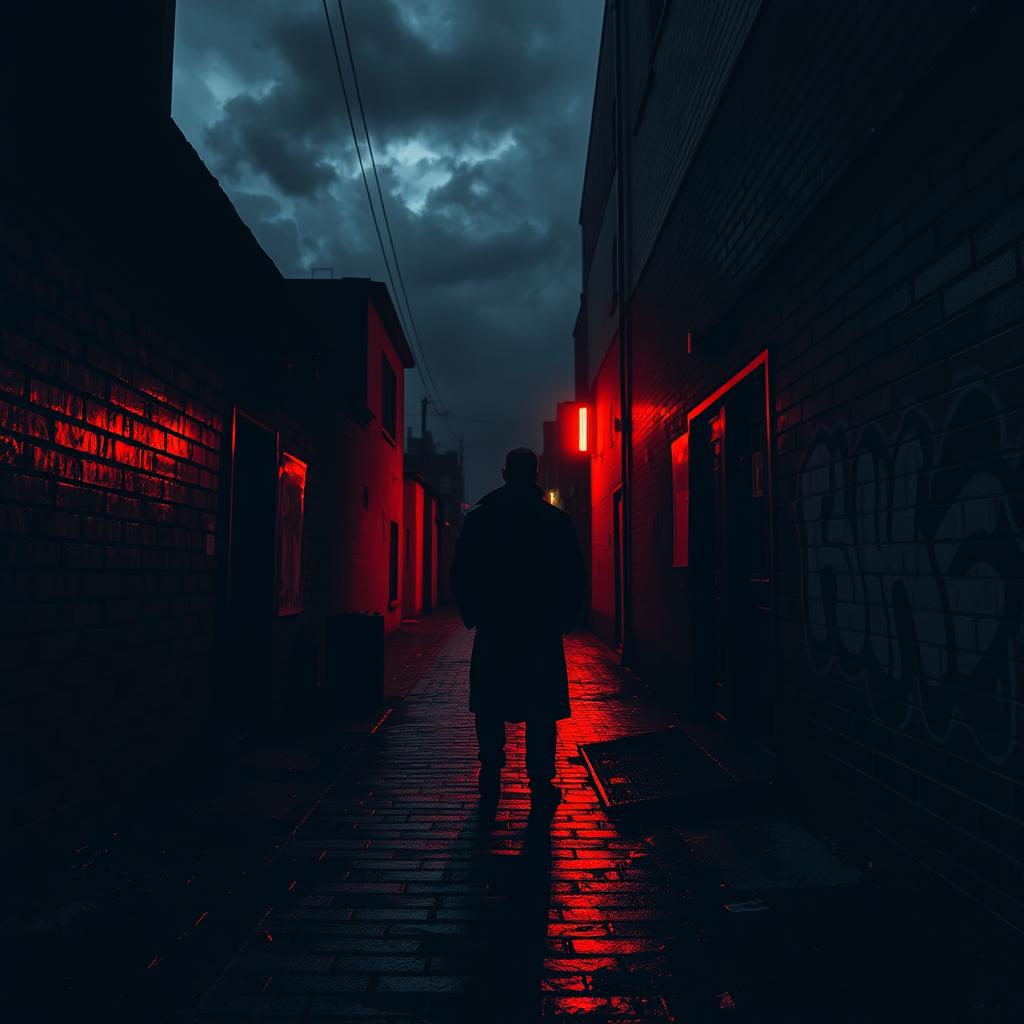 A suspenseful and gritty scene set in a dark urban environment, featuring a narrow alley illuminated by flickering neon red lights
