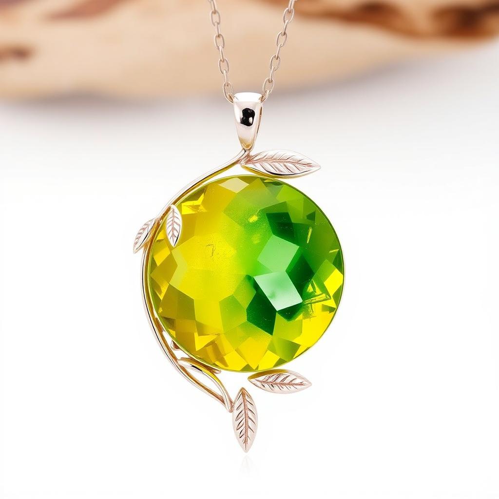 A beautifully crafted necklace featuring a circular crystallic stone that blends vibrant yellow and green hues