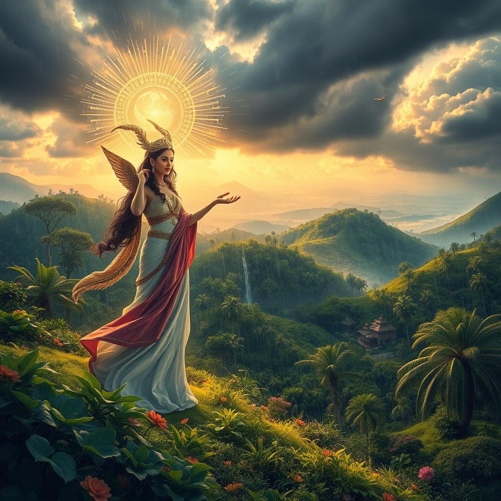 A mystical scene depicting Amihan, a kind spirit in the form of a radiant maiden, surrounded by lush landscapes filled with abundant crops and trees