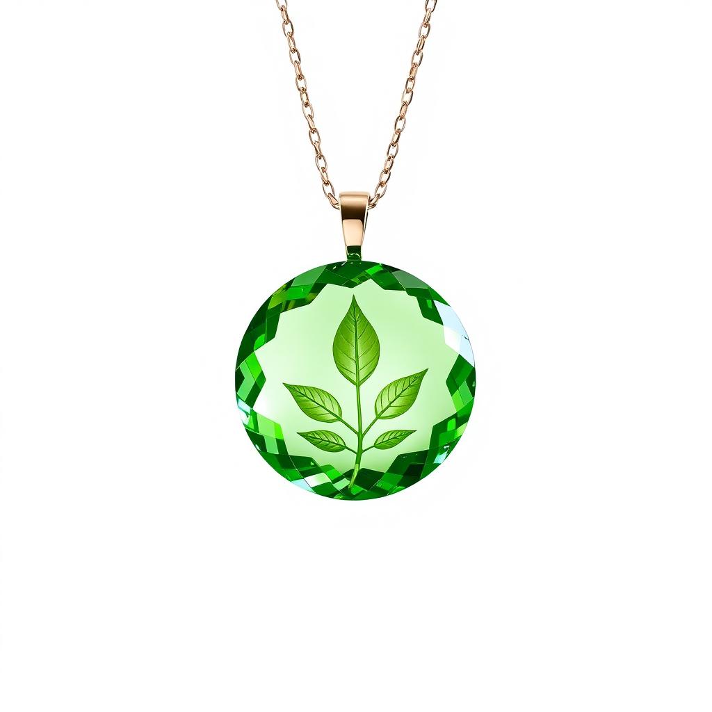 A beautiful circle-shaped crystal necklace with a vibrant green color, featuring a delicate leaf design integrated into the crystal