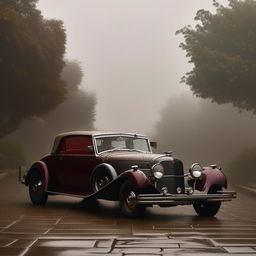 A high-definition, ultra-detailed image of a luxury vintage car parked amidst a scene of rainfall and mist, imbuing it with an editorial flair.