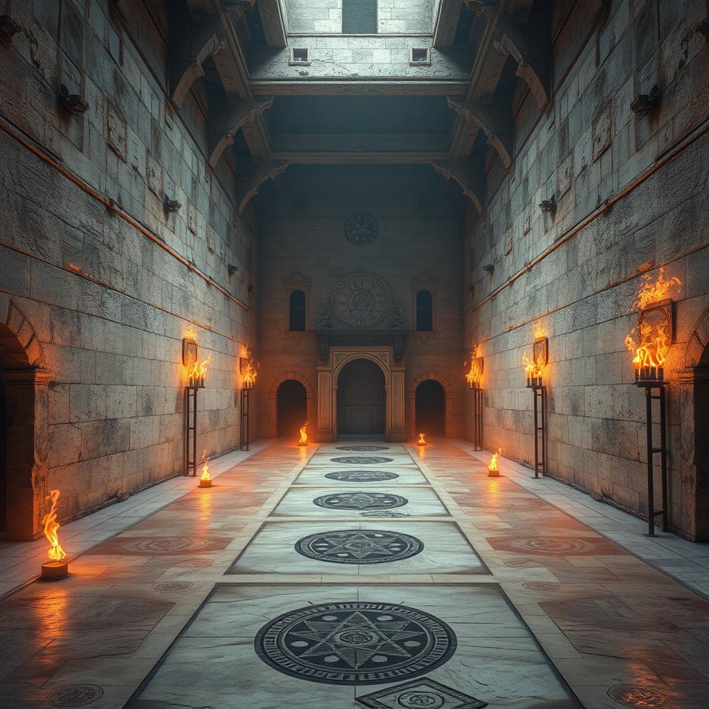 An immense hall illuminated by torches