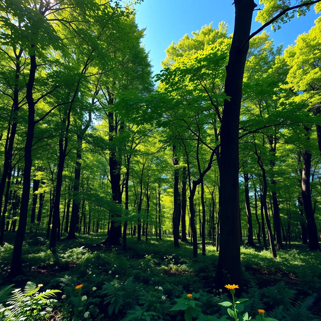 A serene landscape showcasing a dense forest of trees actively improving air quality