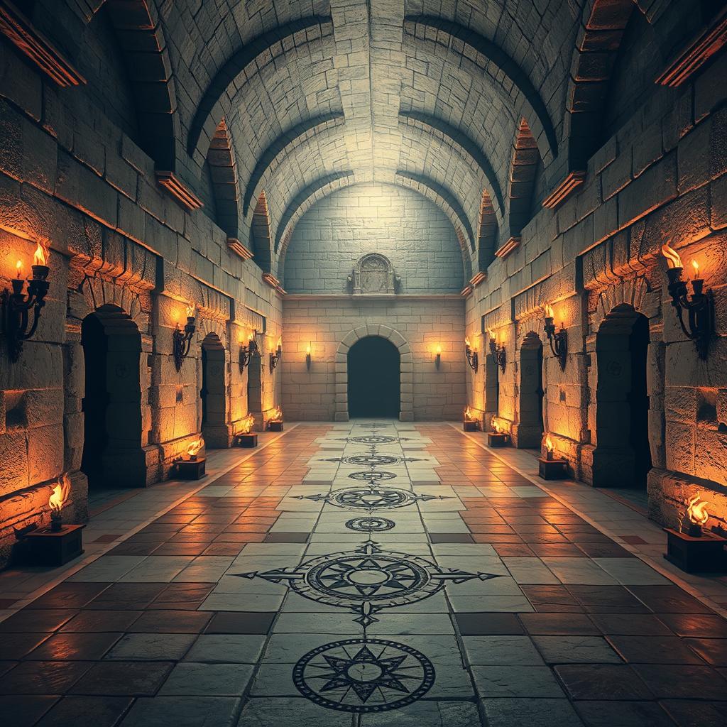 An enormous hall illuminated by torches, with white stone walls that are weathered and ancient