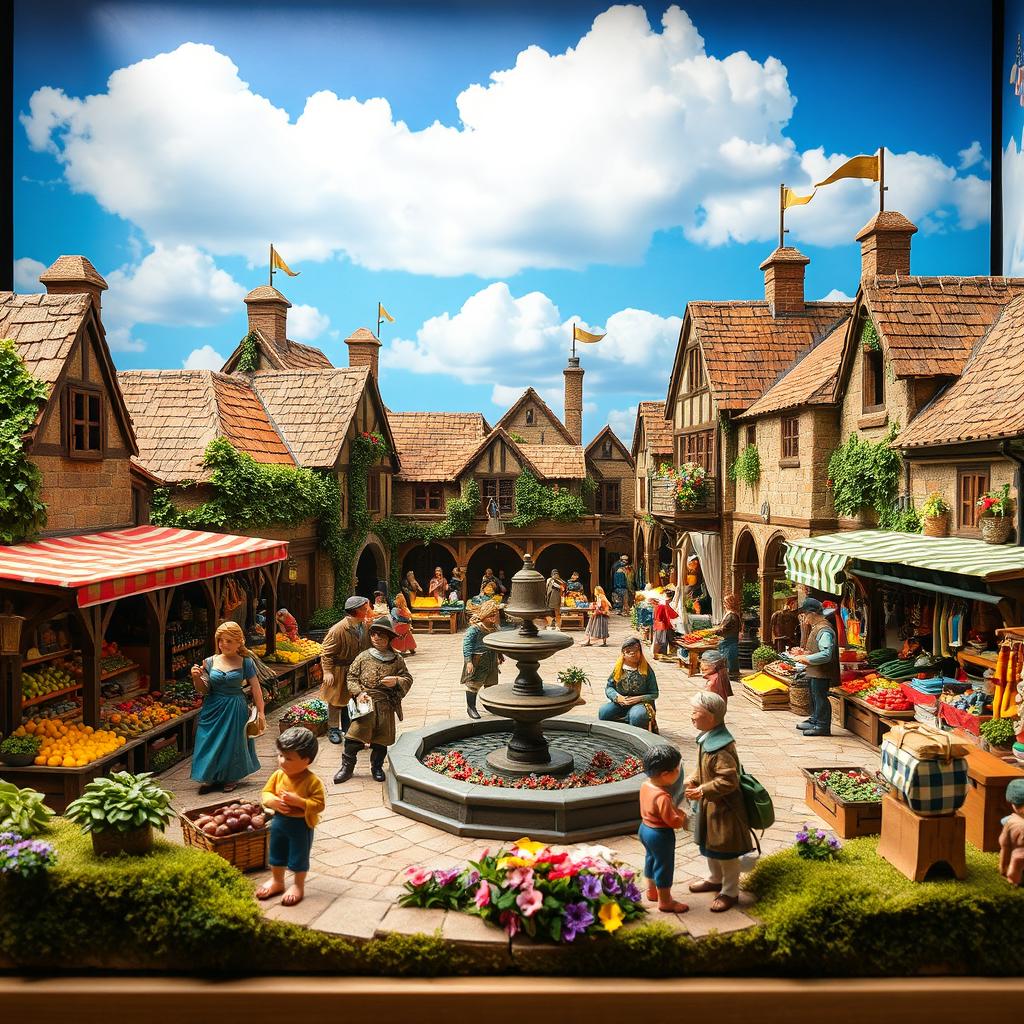 A vibrant diorama depicting a bustling medieval marketplace, complete with colorful stalls selling fresh produce, handmade crafts, and textiles