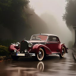 A high-definition, ultra-detailed image of a luxury vintage car parked amidst a scene of rainfall and mist, imbuing it with an editorial flair.