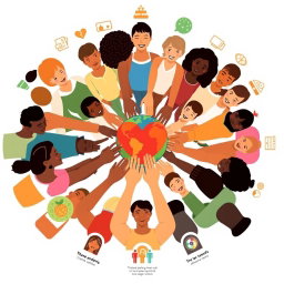 A vibrant and inclusive scene depicting a diverse circle of people, of various ethnicities and skin tones, standing together with interlinked hands, symbolizing unity and inclusivity