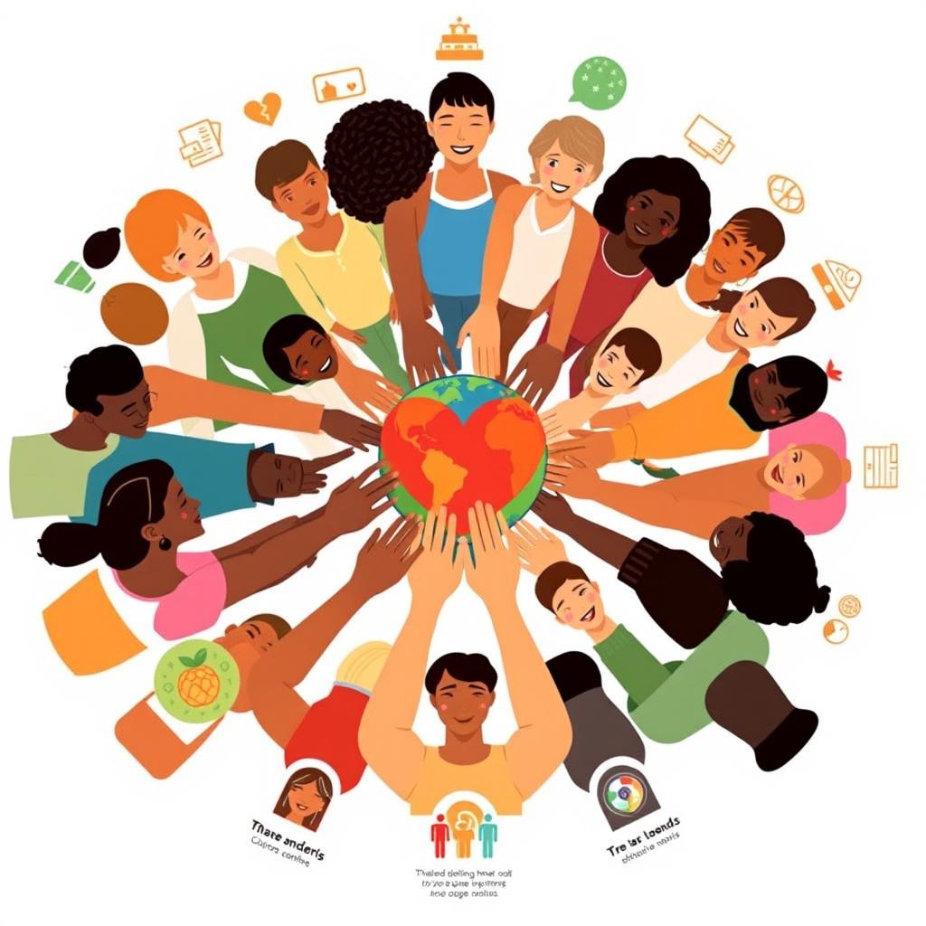 A vibrant and inclusive scene depicting a diverse circle of people, of various ethnicities and skin tones, standing together with interlinked hands, symbolizing unity and inclusivity