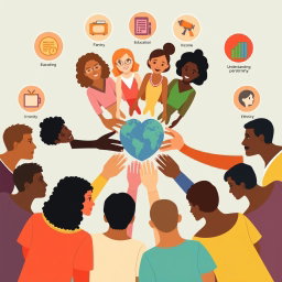 A vibrant and inclusive scene depicting a diverse circle of people, of various ethnicities and skin tones, standing together with interlinked hands, symbolizing unity and inclusivity