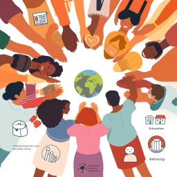 A vibrant and inclusive scene depicting a diverse circle of people, of various ethnicities and skin tones, standing together with interlinked hands, symbolizing unity and inclusivity