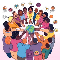 A vibrant and inclusive scene depicting a diverse circle of people, of various ethnicities and skin tones, standing together with interlinked hands, symbolizing unity and inclusivity