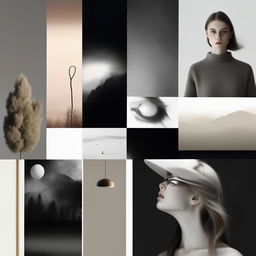 Ultra high quality, conceptual minimalist mood board with an editorial style.