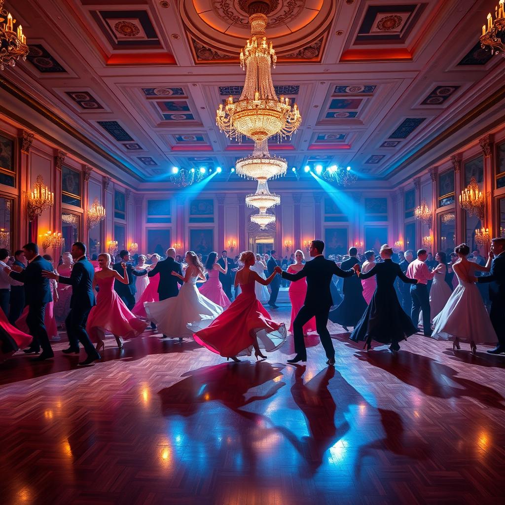 A grand ballroom filled with elegantly dressed dancers swirling gracefully on a polished wooden floor