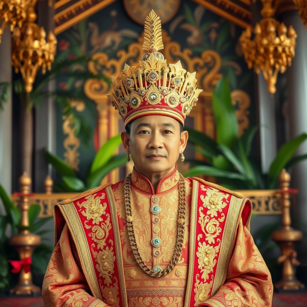 A majestic portrait of a Buginese king, adorned in traditional regal attire, featuring intricate gold embroidery and a towering headdress