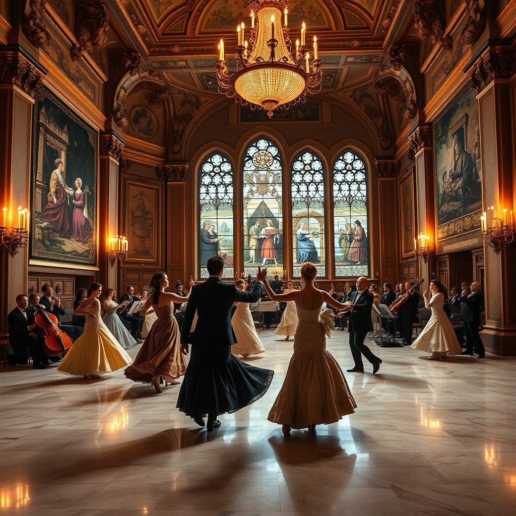 A grand ballroom inside a palace, with elegant dancers swirling on the polished marble floor