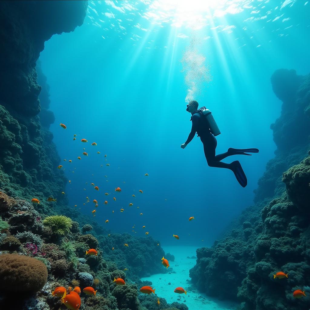 A captivating underwater scene depicting a person diving in the clear blue sea, wearing a sleek wetsuit and scuba gear, surrounded by vibrant coral reefs