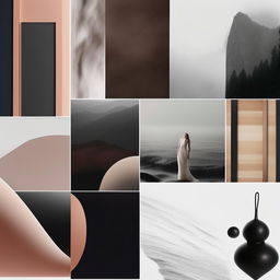 Ultra high quality, conceptual minimalist mood board with an editorial style.