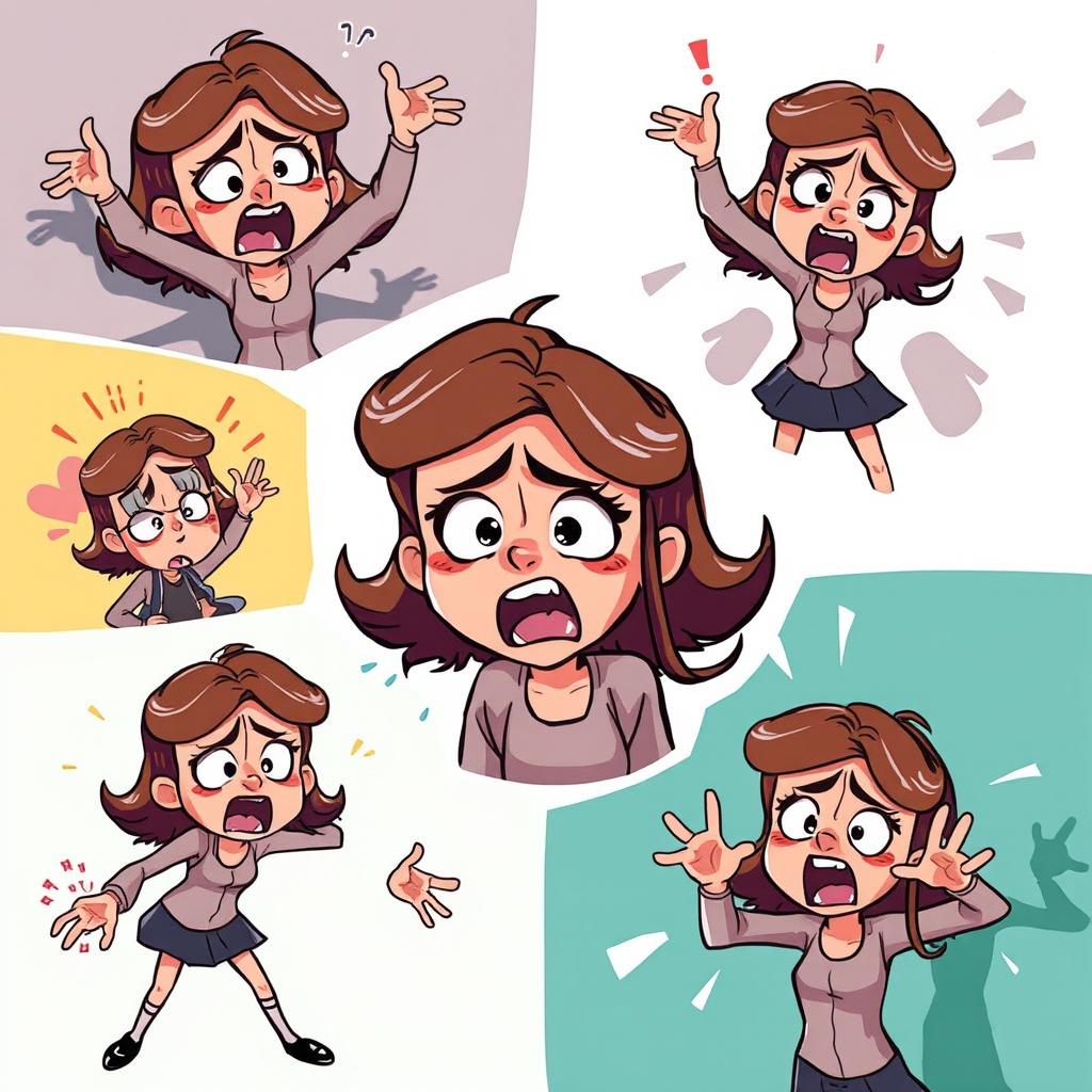 A cartoon-style illustration showing a female character in various dynamic poses, expressing emotions of fear and resistance