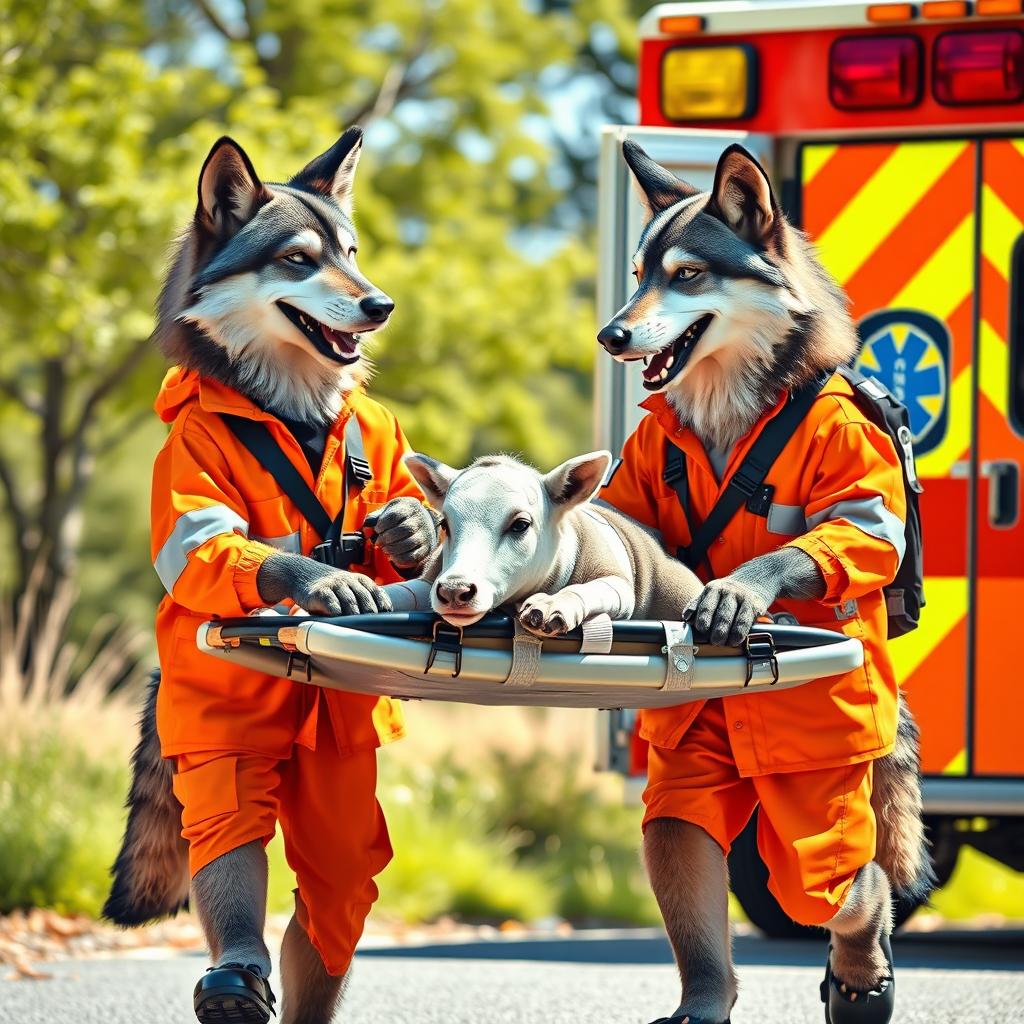 Two cheerful wolves dressed as paramedics are carrying a bandaged calf on a stretcher towards an ambulance
