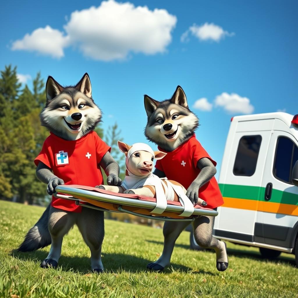 Two cheerful wolves dressed as medics are carrying a bandaged calf on a stretcher towards an ambulance
