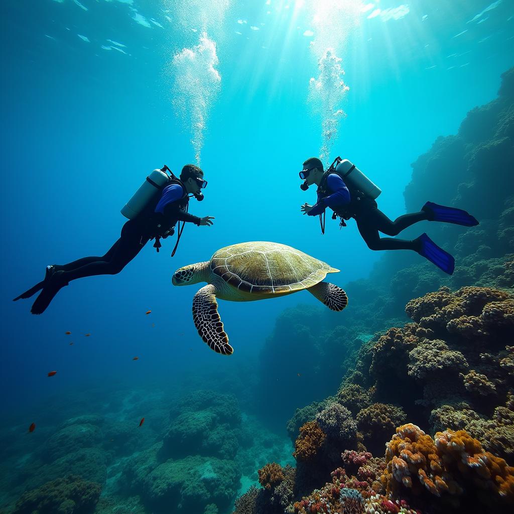 A vibrant underwater scene featuring two divers exploring the ocean depths next to a majestic sea turtle