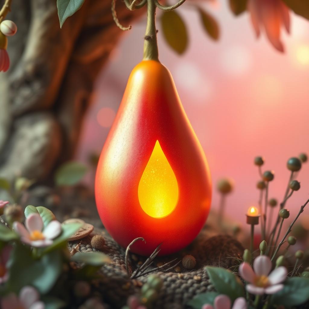 A golden-red teardrop-shaped fruit with smooth, gleaming skin that seems to have a faint inner glow, embodying the essence of sunlight trapped within it