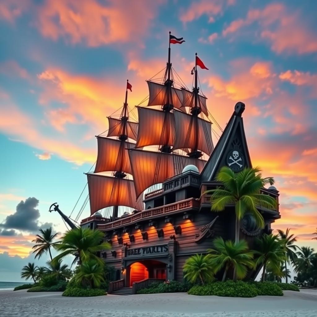 A magnificent building designed to resemble a pirate ship, featuring ornate details such as sails, wooden textures, and cannons along the sides