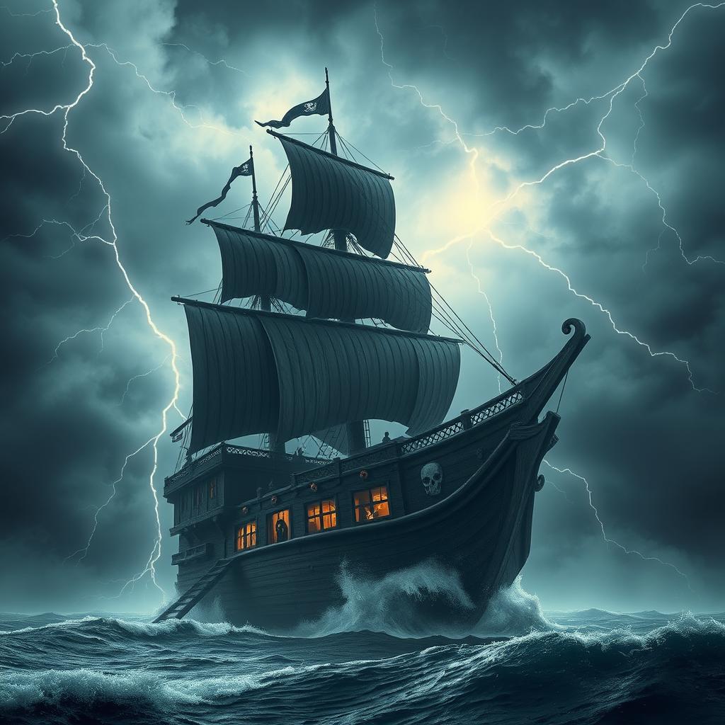 A terrifying pirate ship-shaped building, towering in the skyline, with dark wood and jagged edges resembling a massive shipwreck