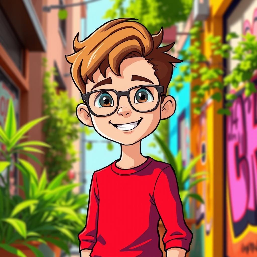 A stylized illustration of a young boy character wearing a modern stylish red shirt, fitted and slightly loose, paired with sleek modern glasses that have a thin frame