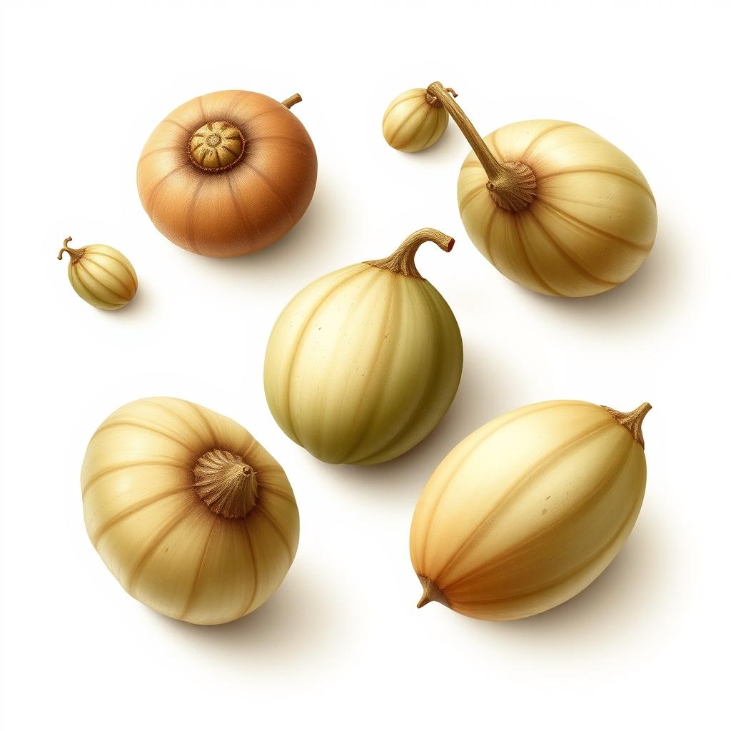 An artistic depiction of a single seed in various positions and angles, showcasing its unique textures and shapes