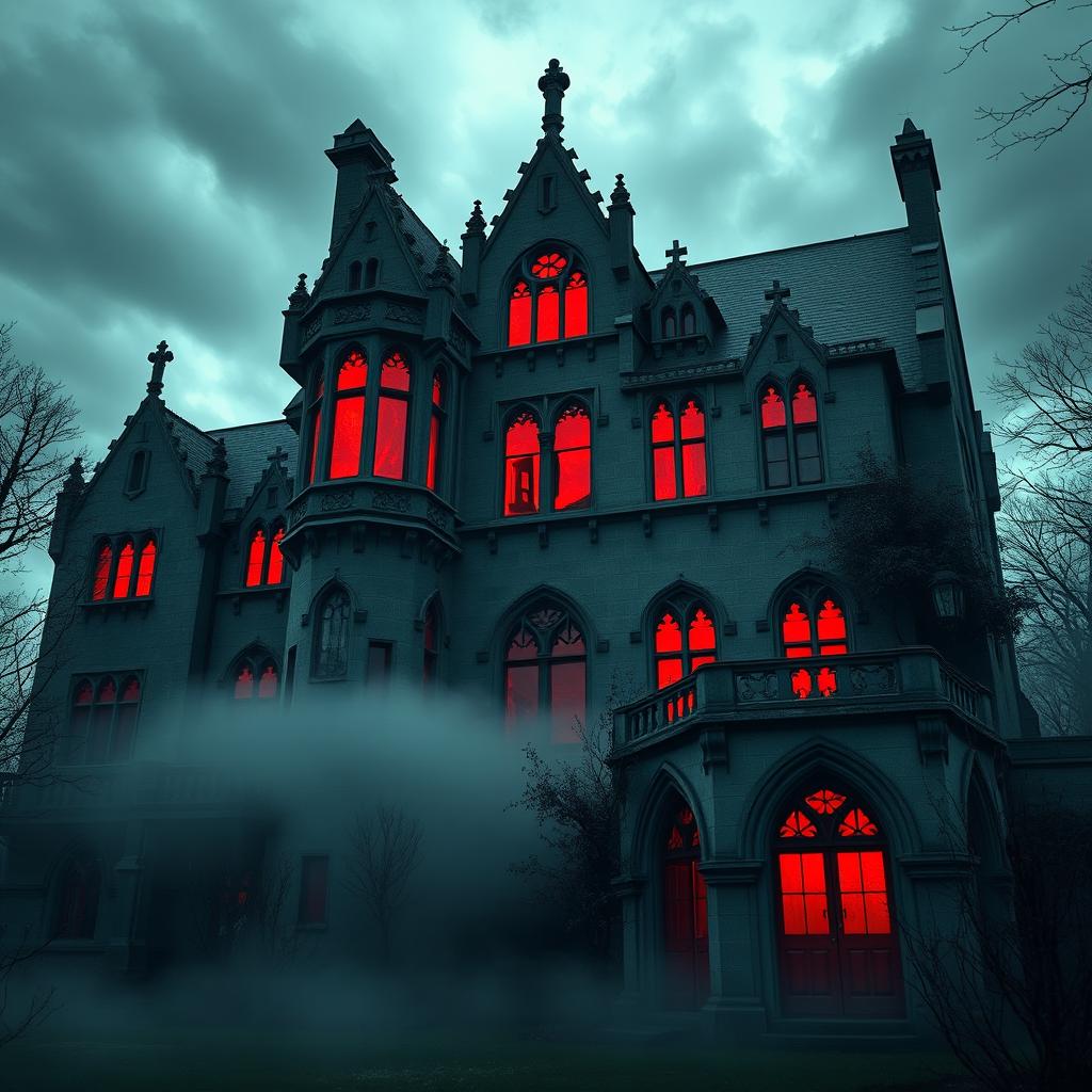 A spooky haunted building with an eerie atmosphere, featuring red windows that glow ominously