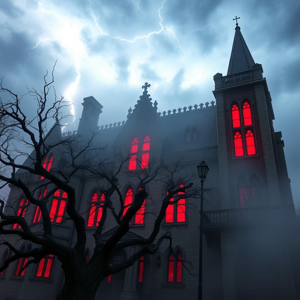 A spooky building with ominous architecture, featuring striking red windows that glow in the dusk