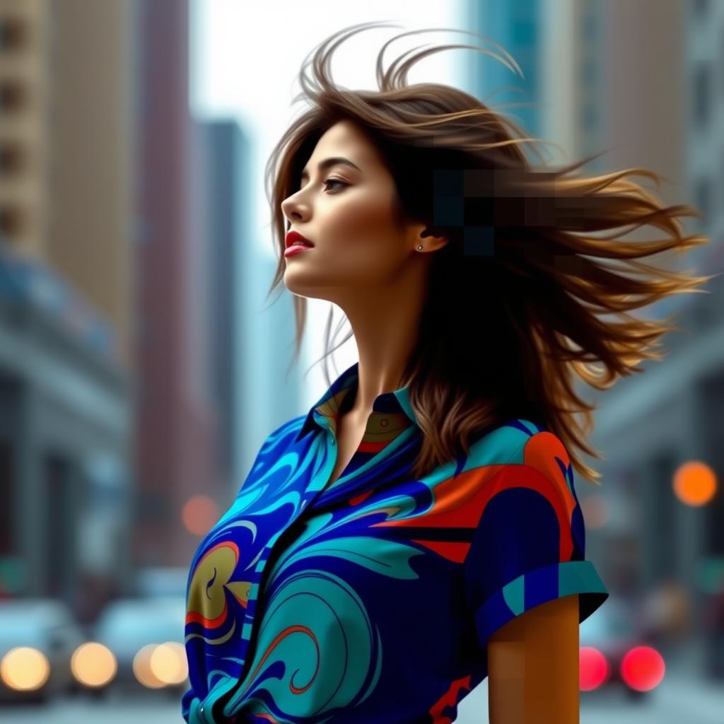 An abstract representation of a woman in a stylish shirt, which features a colorful pattern swirling in shades of indigo and teal