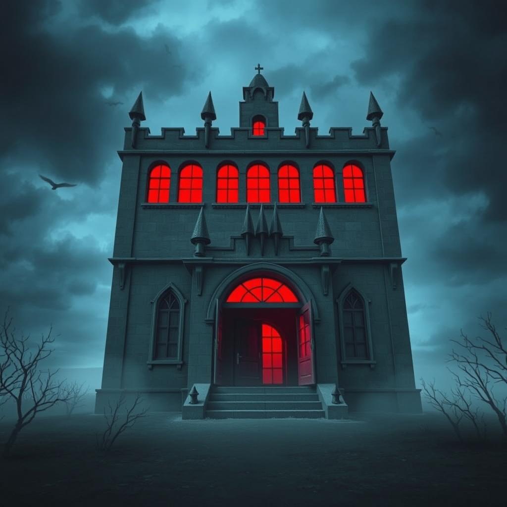 A terrifying building with ominous architecture, featuring large red windows that glow eerily, and an entrance adorned with sharp, menacing spikes
