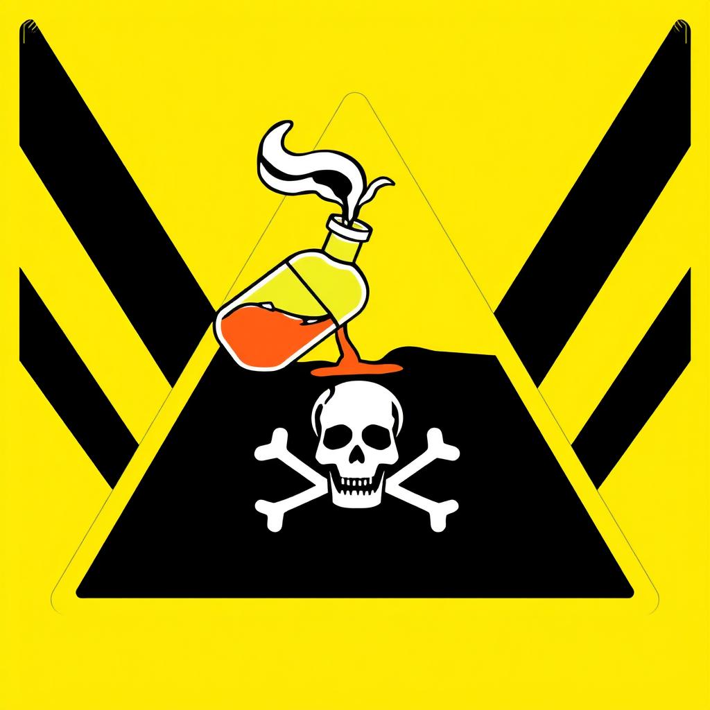 A highly detailed illustration of a corrosive hazard sign, featuring the iconic black and yellow design