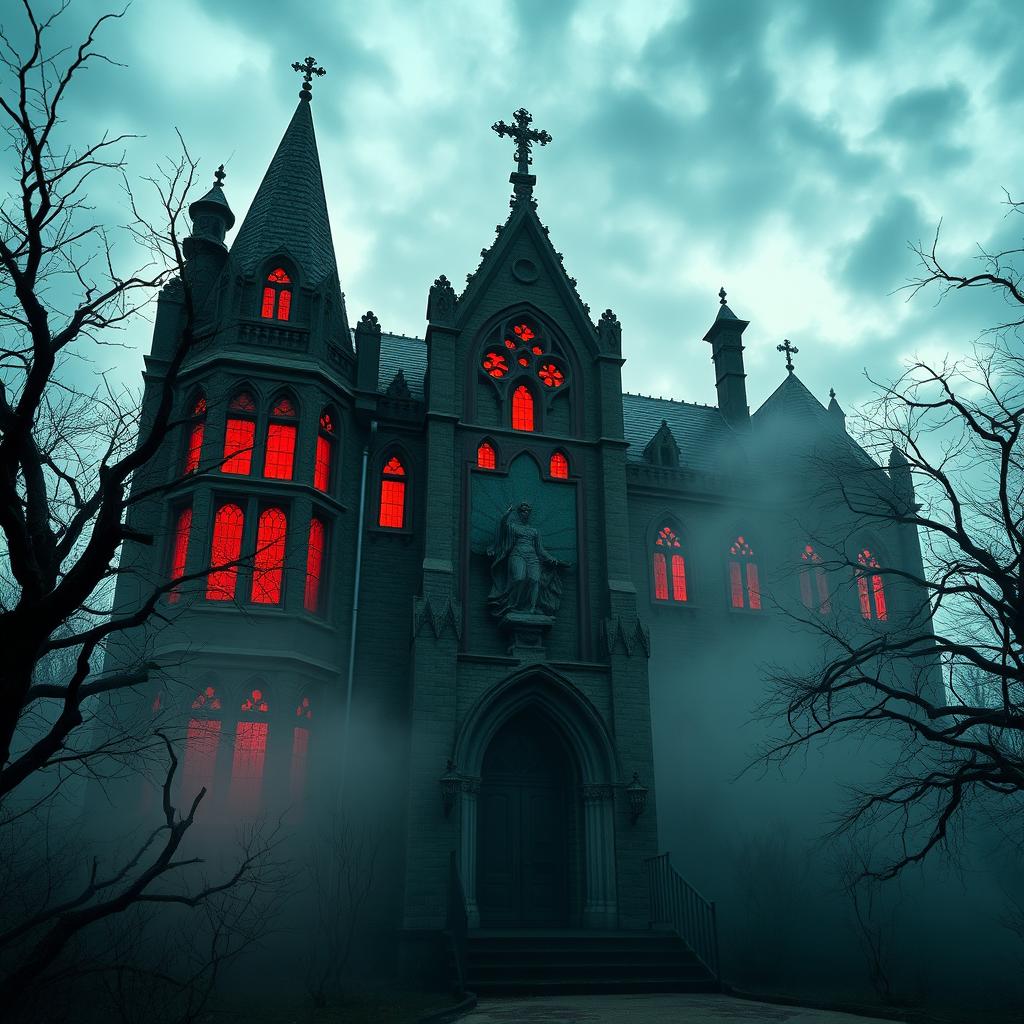 A haunted building with an eerie appearance, featuring a large, ominous statue at the entrance and striking red windows that glow softly in the twilight