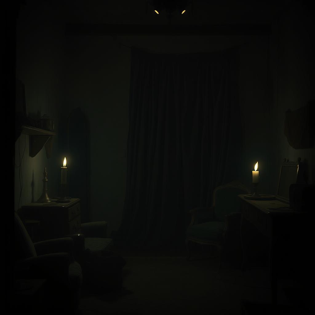 A mysterious dark room illuminated by a single flickering candle, casting eerie shadows on the walls