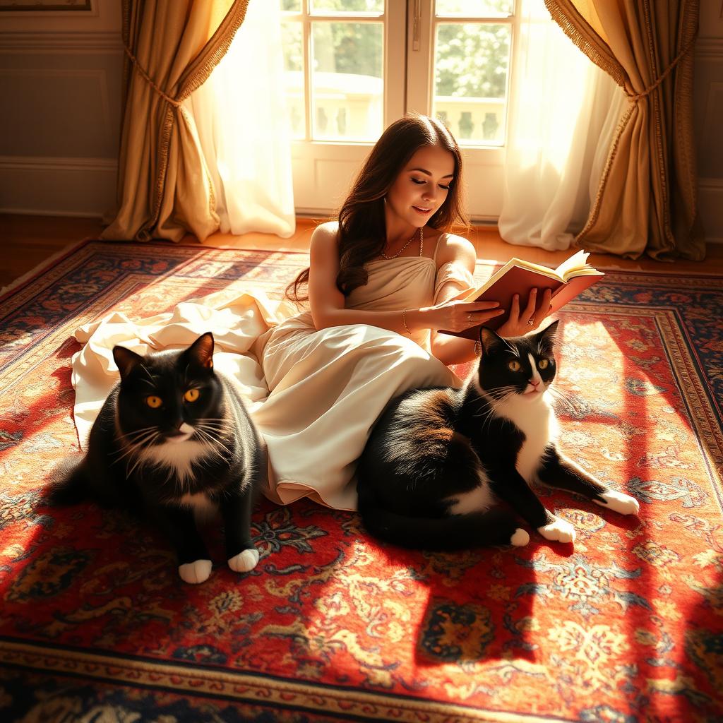 A graceful woman in elegant attire lounging on a colorful Persian rug, surrounded by intricate patterns and designs of the rug