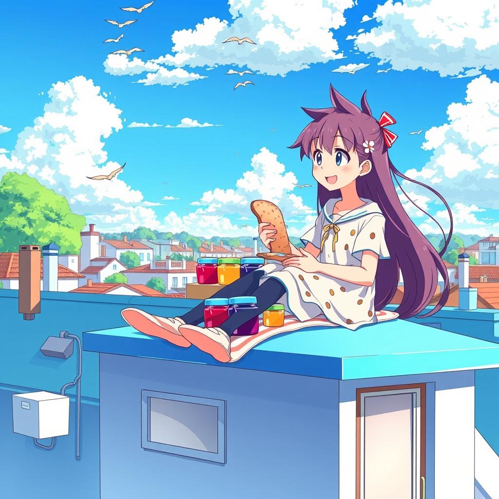 A vibrant anime-style illustration featuring a boy and a girl sitting on the rooftop of a house, enjoying a delightful picnic