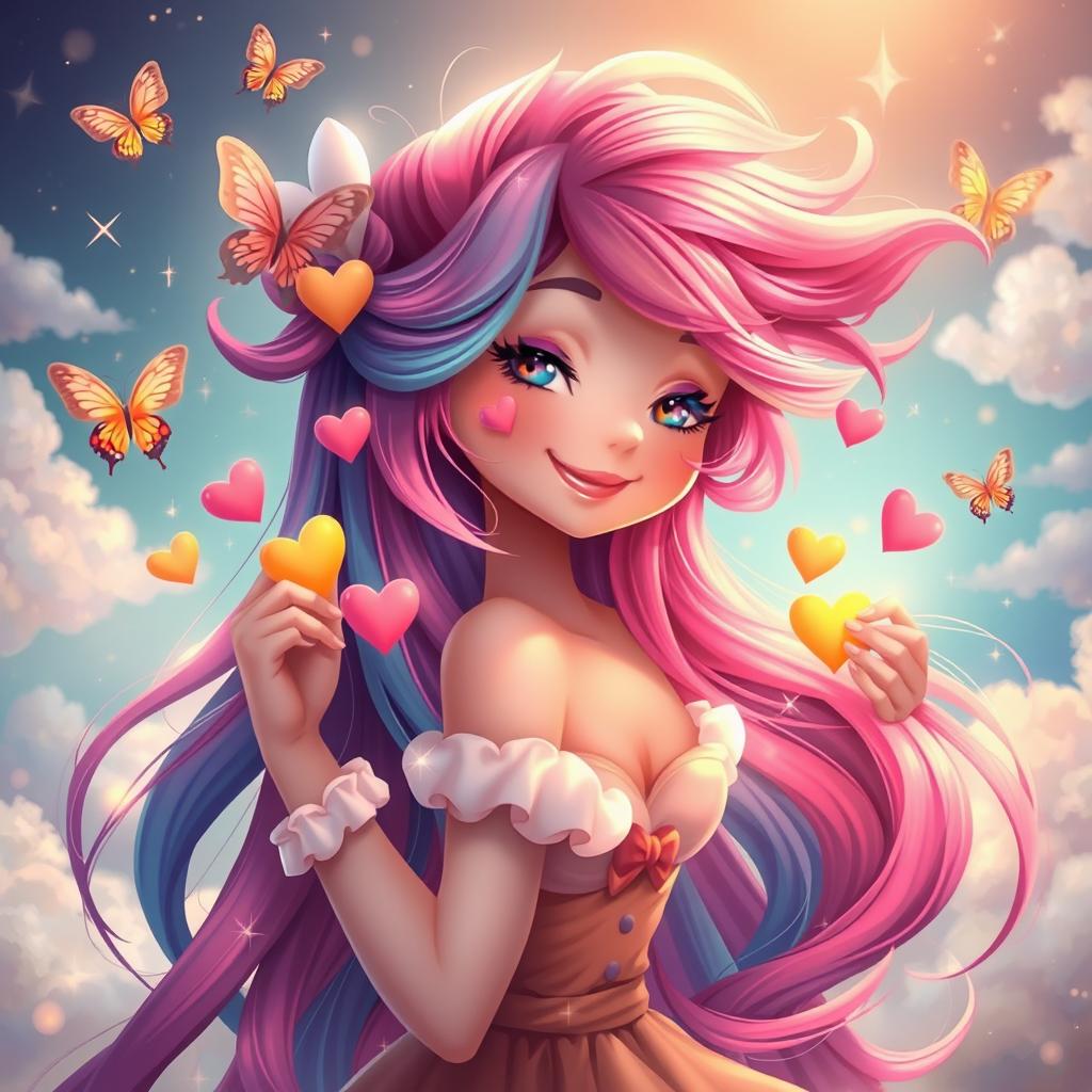 A whimsical character with vibrant, flowing hair, removing playful, colorful hearts from her luscious locks