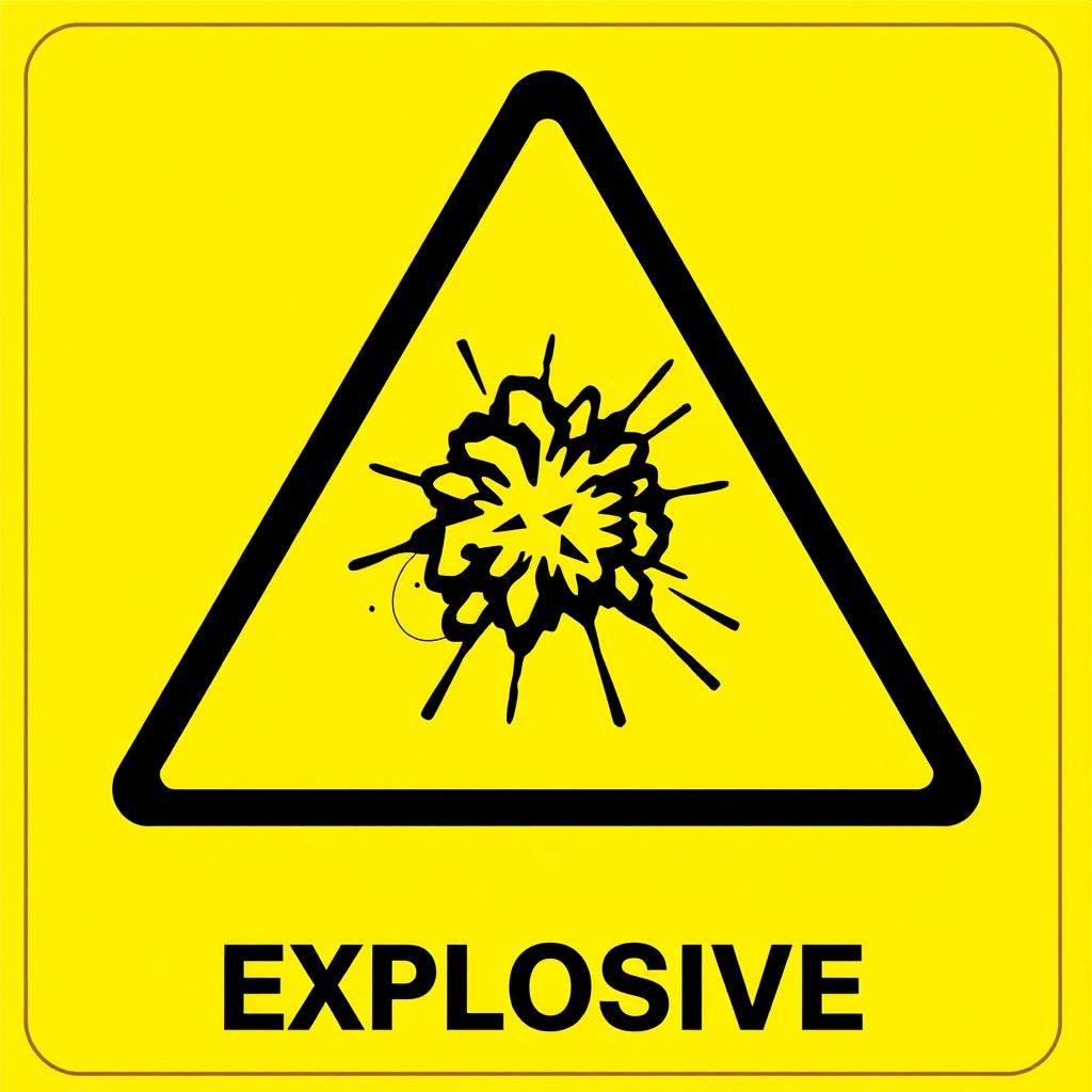 A highly detailed illustration of an explosive hazard sign, featuring a bold black and yellow triangular warning symbol with an explosive graphic at the center