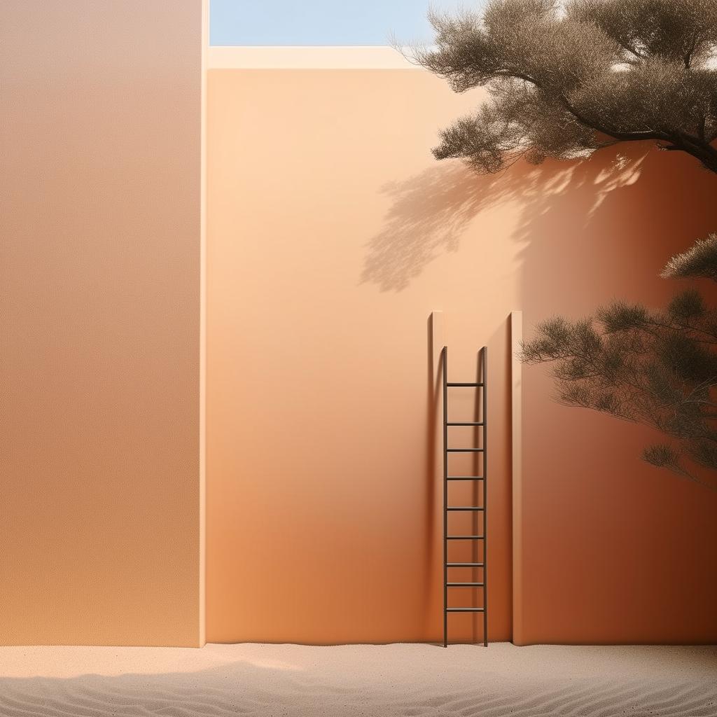 Ultra detailed architecture photograph featuring a Japandi style minimalist wall, painted with subtle and zen-inspired colors, with a contrasting texture of sand and a minimalist modern ladder leaning against it.
