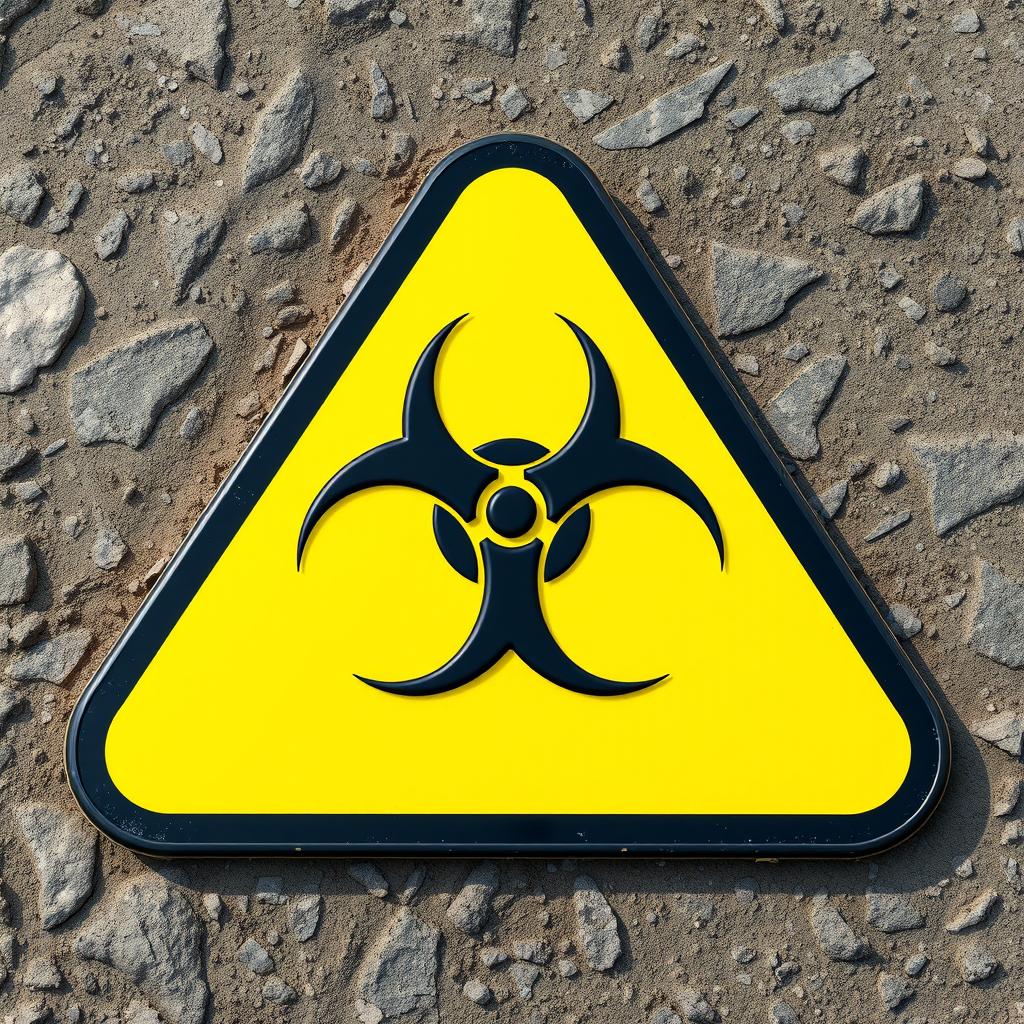 A bold and striking image of the Environmental Hazard sign, featuring a prominent black biohazard symbol centered on a yellow triangular background
