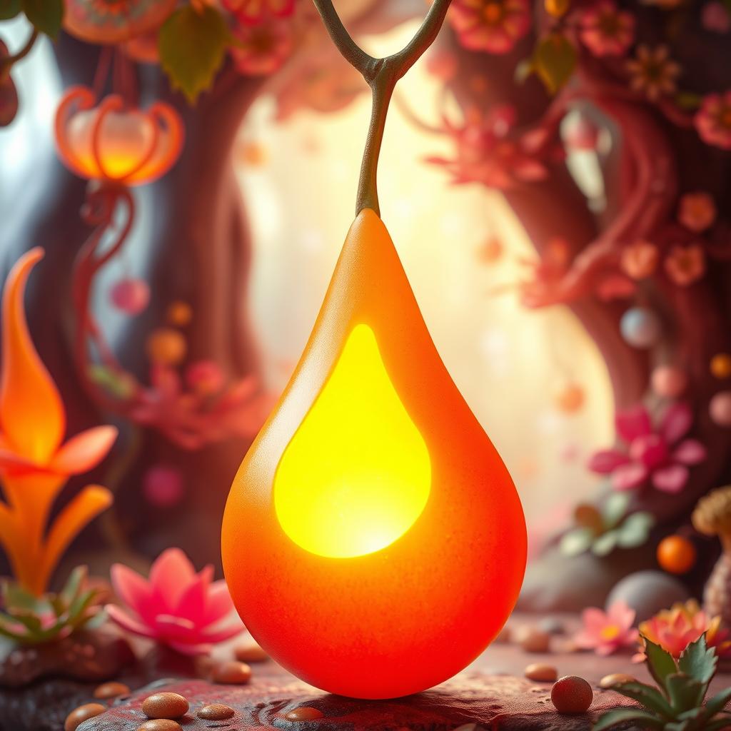 A golden-red teardrop-shaped fruit with smooth, gleaming skin that appears to emanate a faint inner glow, as if it contains sunlight within