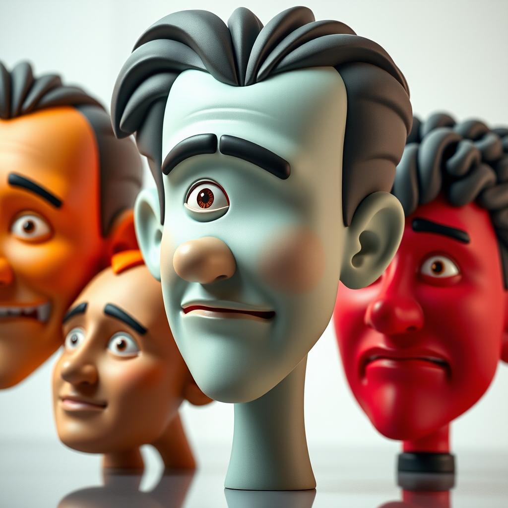 A collection of large, stylized 3D heads, each with unique artistic features such as exaggerated facial expressions and vivid colors