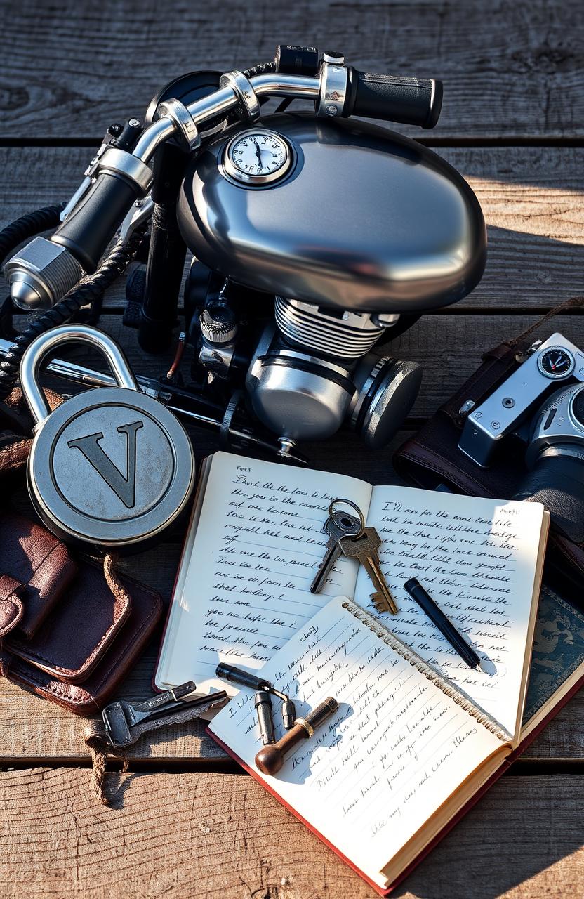 A visually rich and detailed still life composition featuring a cluster of items including a circle lock engraved with a prominent letter 'V', a sleek motorbike, an open journal filled with handwritten notes, a set of old-fashioned keys, and additional miscellaneous items like a compass and a vintage camera