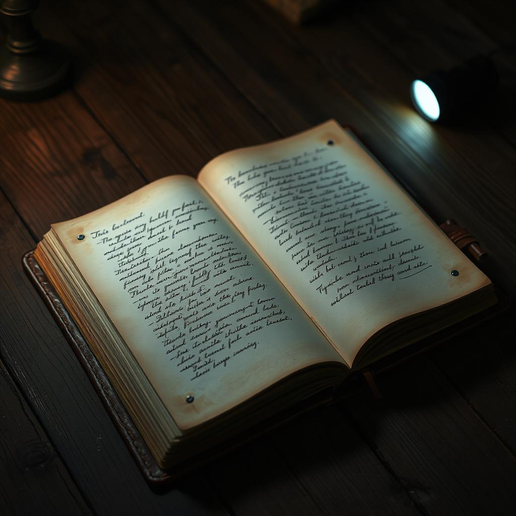 A worn leather bound journal lying open on a rustic wooden table, with faint glowing invisible ink revealed under the soft light of a small black light
